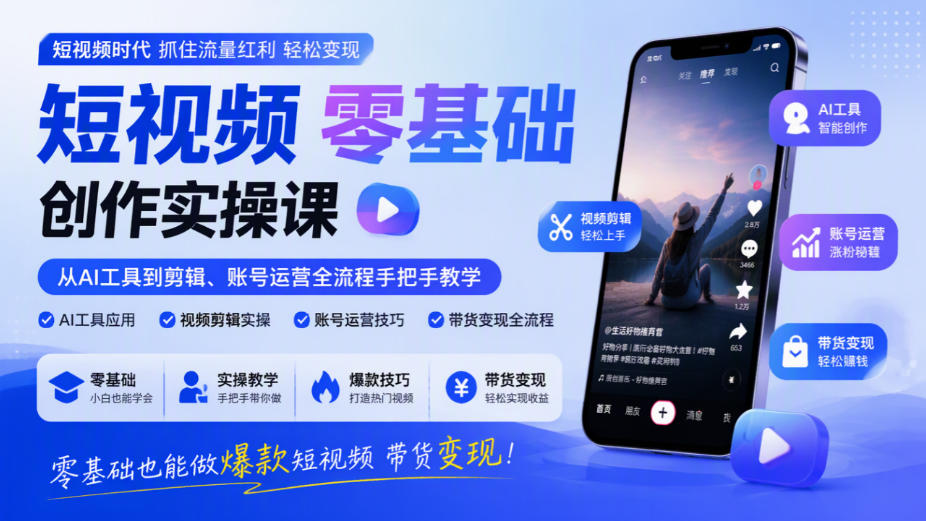 短视频零基础创作实操课，从AI工具到剪辑、账号运营全流程手把手教学，零基础也能做爆款短视频带货变现-副业资源网
