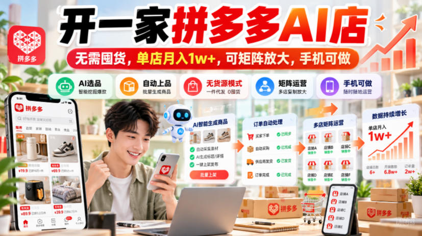 开一家拼多多AI店，无需囤货，单店月入1w+，可矩阵放大，手机可做【揭秘】-怪兽网创俱乐部