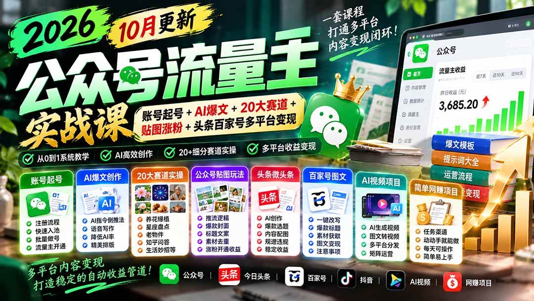 （20878期）2026公众号流量主实战课-10月更新：账号起号+AI爆文+20大赛道+贴图涨粉+头条百家号多平台变现-邪修侠