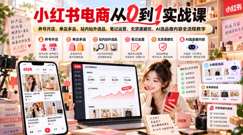小红书电商从0到1实战课｜养号开店、单店多品、站内站外选品、笔记运营、无货源避坑、AI选品做内容全流程教学-怪兽网创俱乐部
