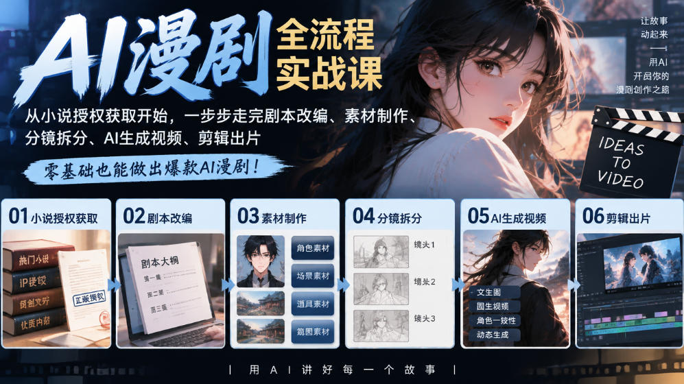 AI漫剧全流程实战课|从小说授权获取开始,一步步走完剧本改编、素材制作、分镜拆分、AI生成视频、剪辑出片全流程-邪修侠