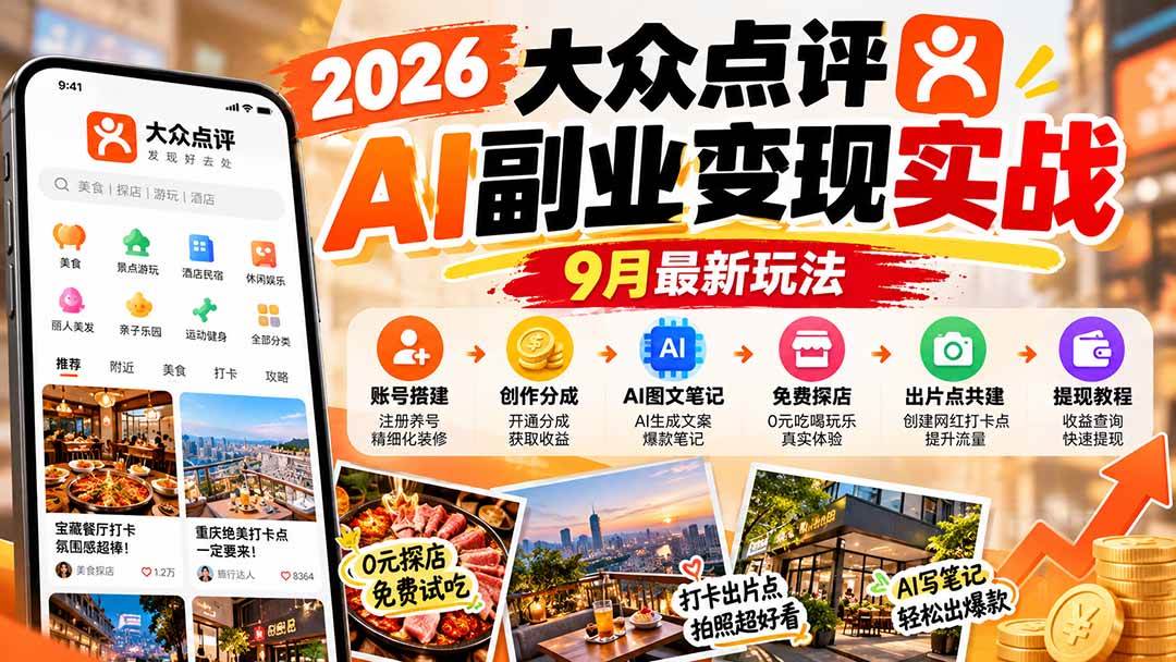 （20873期）2026大众点评AI副业变现实战9月最新玩法：账号搭建+创作分成+AI图文笔记+免费探店+出片点共建与提现教程-怪兽网创俱乐部