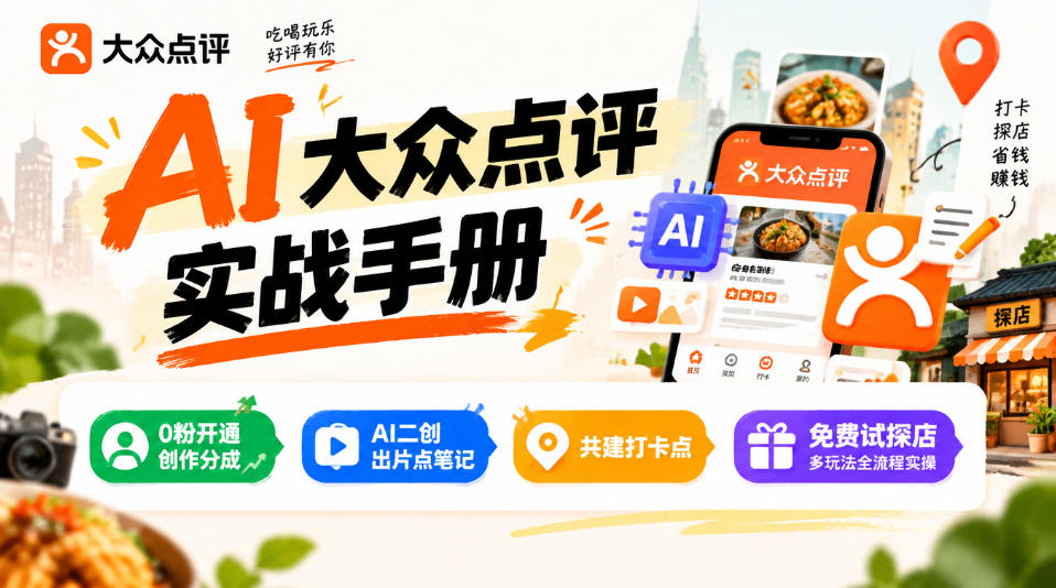 某局的AI大众点评实战手册，0粉开通创作分成、AI二创出片点笔记、共建打卡点、免费试探店多玩法全流程实操-怪兽网创俱乐部