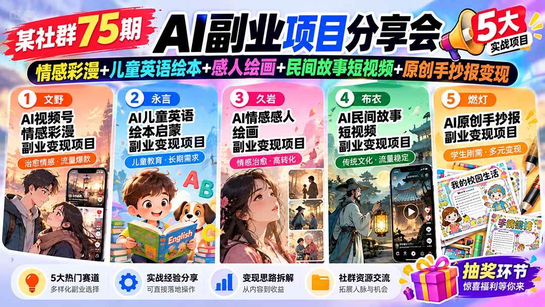 （20874期）某社群75期AI副业项目分享会：情感彩漫+儿童英语绘本+感人绘画+民间故事短视频+原创手抄报变现-怪兽网创俱乐部