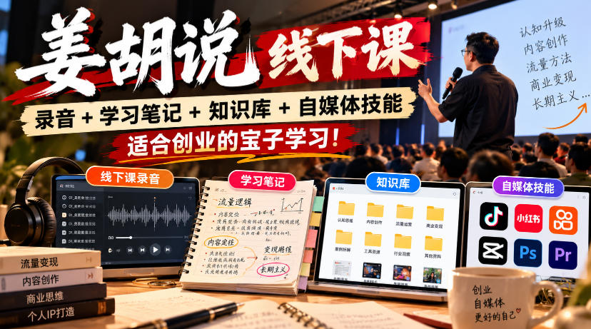 姜胡说线下课录音＋学习笔记＋知识库＋自媒体技能，适合创业的宝子学习！-怪兽网创俱乐部