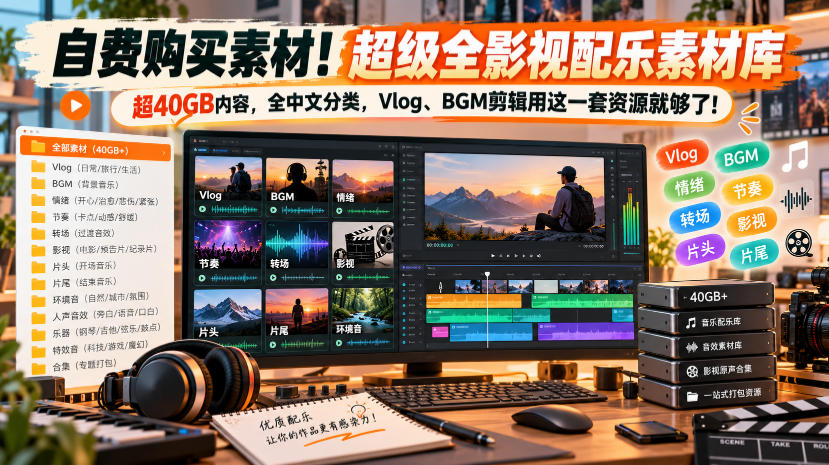 自费购买素材！超级全影视配乐素材库，超40GB内容，全中文分类，Vlog、BGM剪辑用这一套资源就够了！-怪兽网创俱乐部