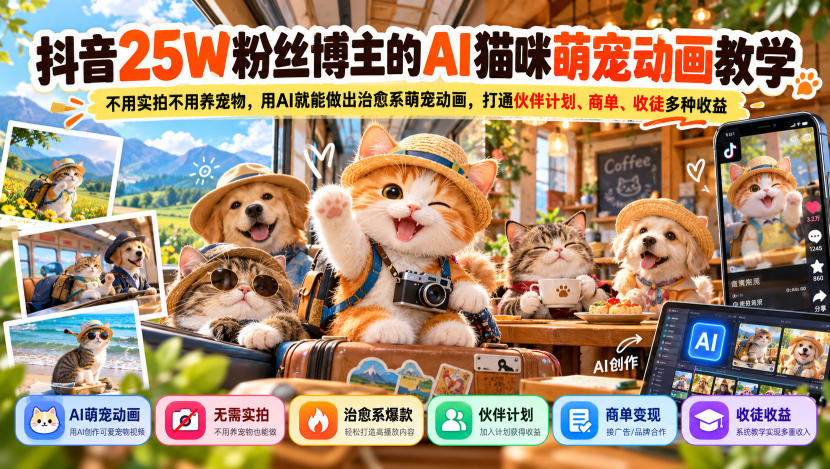抖音25W粉丝博主的AI猫咪萌宠动画教学，不用实拍不用养宠物，用AI就能做出治愈系萌宠动画，打通伙伴计划、商单、收徒多种收益-奇点库