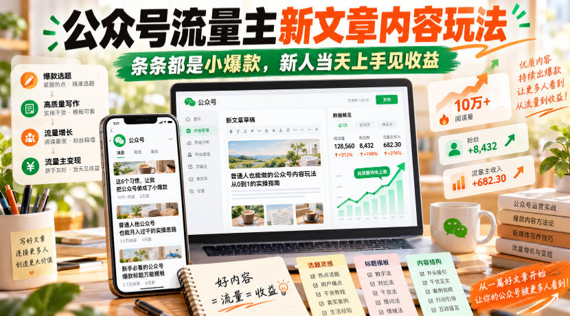 公众号流量主新文章内容玩法，条条都是小爆款，新人当天上手见收益-怪兽网创俱乐部