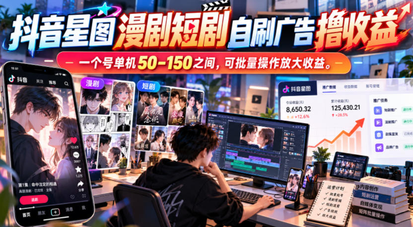抖音星图漫剧短剧自刷广告撸收益，一个号单机50-150之间，可批量操作放大收益-怪兽网创俱乐部
