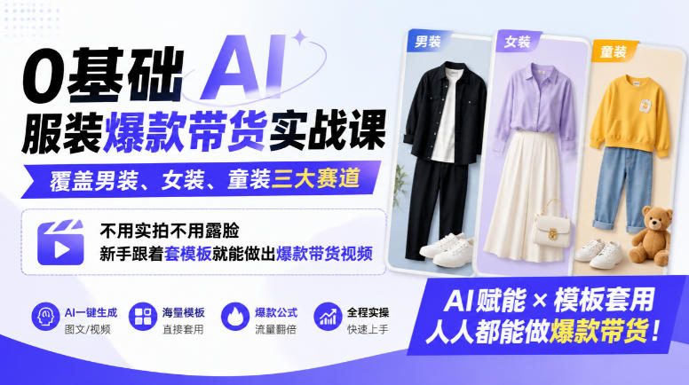 0基础AI服装爆款带货实战课｜覆盖男装、女装、童装三大赛道，不用实拍不用露脸，新手跟着套模板就能做出爆款带货视频（更新1010）-怪兽网创俱乐部