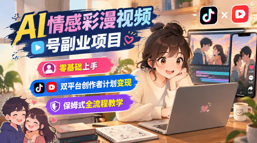 AI情感彩漫视频号副业项目，零基础上手，双平台创作者计划变现，保姆式全流程教学-怪兽网创俱乐部