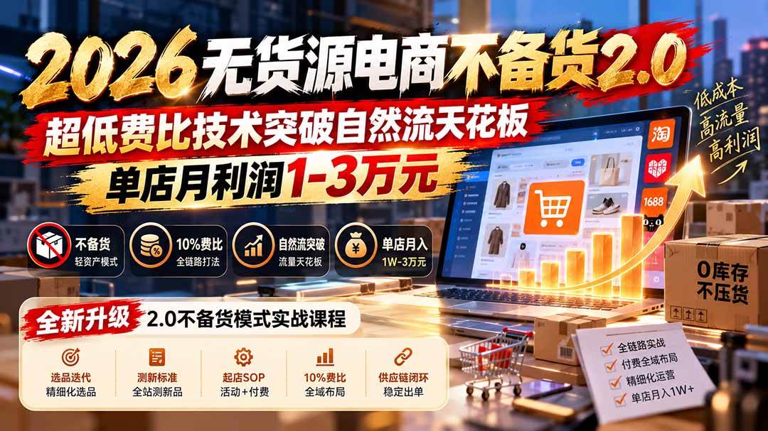 (20896期)2026无货源电商不备货2.0【更新1010】:超低费比技术突破自然流天花板,单店月利润1-3万元-邪修侠