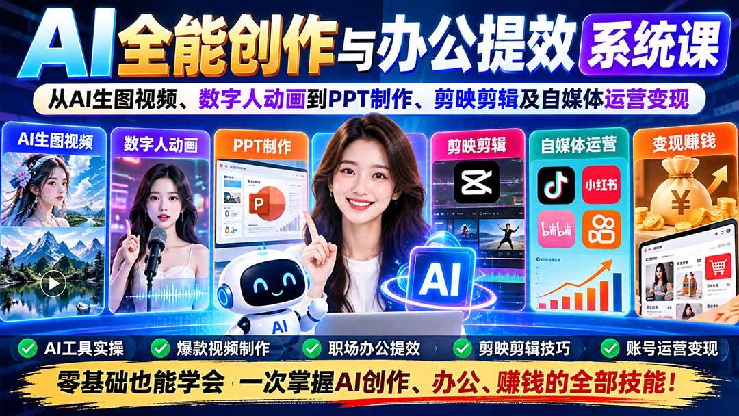（20885期）AI全能创作与办公提效系统课：从AI生图视频、数字人动画到PPT制作、剪映剪辑及自媒体运营变现