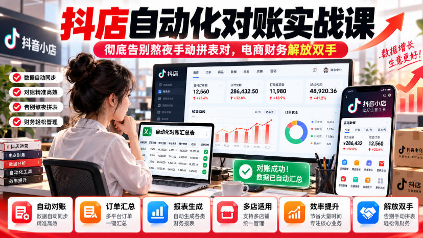 抖店自动化对账实战课，彻底告别熬夜手动拼表对，账电商财务解放双手-怪兽网创俱乐部
