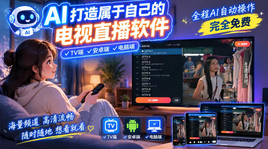 一个提示词，AI全自动做出电视直播软件，电脑、安卓、电视三端通用，完全免费，画质流畅不卡顿-怪兽网创俱乐部