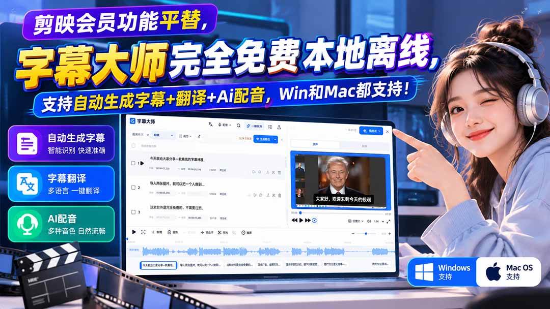 （20902期）剪映会员功能平替，字幕大师完全免费本地离线，支持自动生成字幕+翻译+Ai配音，Win和Mac都支持！-怪兽网创俱乐部