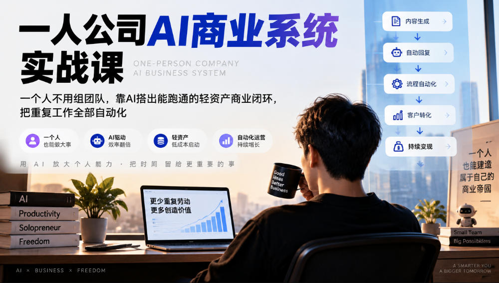 一人公司AI商业系统实战课，一个人不用组团队，靠AI搭出能跑通的轻资产商业闭环，把重复工作全部自动化-邪修侠