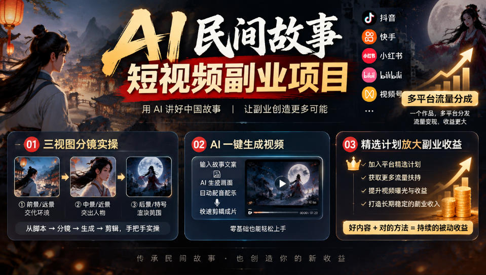 AI民间故事短视频副业项目,多平台流量分成,三视图分镜实操,精选计划放大副业收益-副业资源网