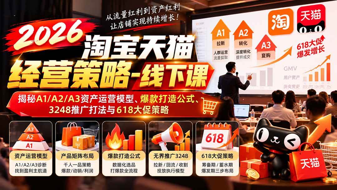 （20912期）2026淘宝天猫经营策略-线下课：揭秘A1/A2/A3资产运营模型、爆款打造公式、3248推广打法与618大促策略-怪兽网创俱乐部