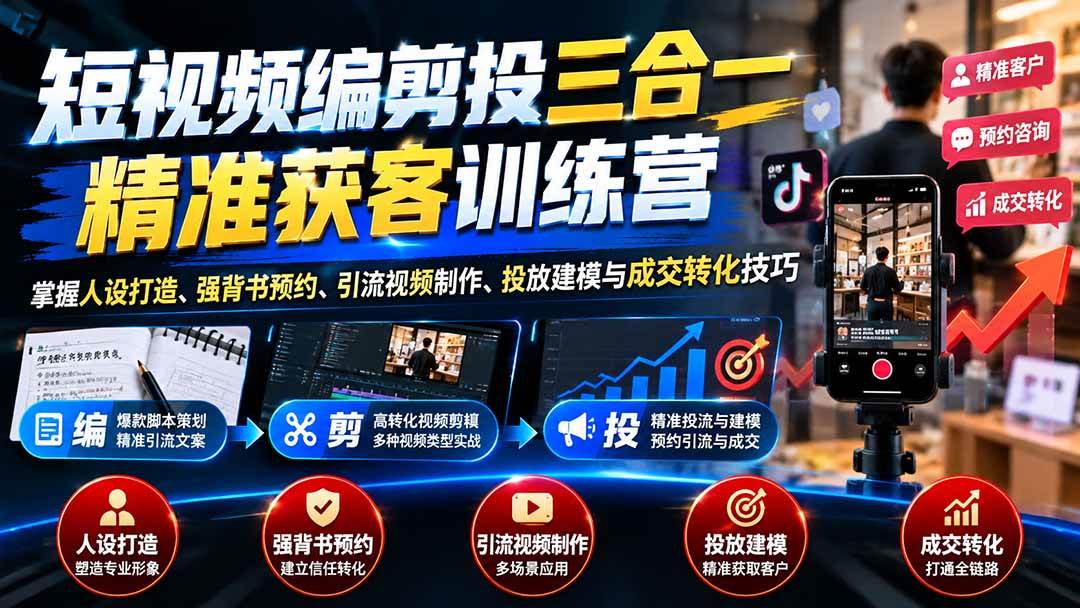 （20910期）短视频编剪投三合一精准获客训练营：掌握人设打造、强背书预约、引流视频制作、投放建模与成交转化技巧-怪兽网创俱乐部