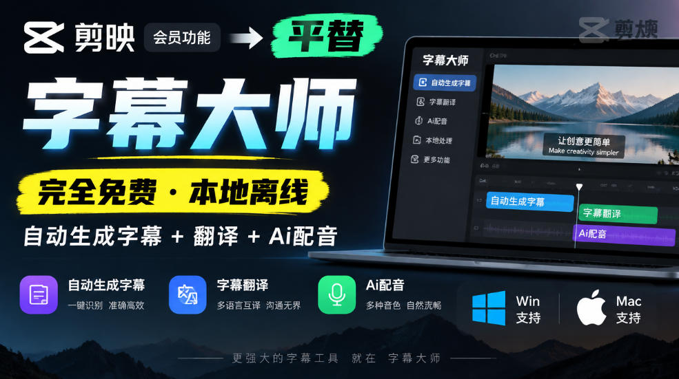 剪映会员功能平替，字幕大师完全免费本地离线，支持自动生成字幕+翻译+Ai配音，Win和Mac都支持！-副业资源网