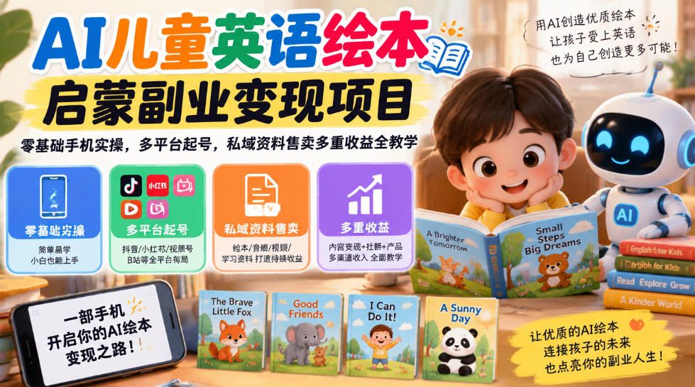 AI儿童英语绘本启蒙副业变现项目，零基础手机实操，多平台起号，私域资料售卖多重收益全教学-奇点库