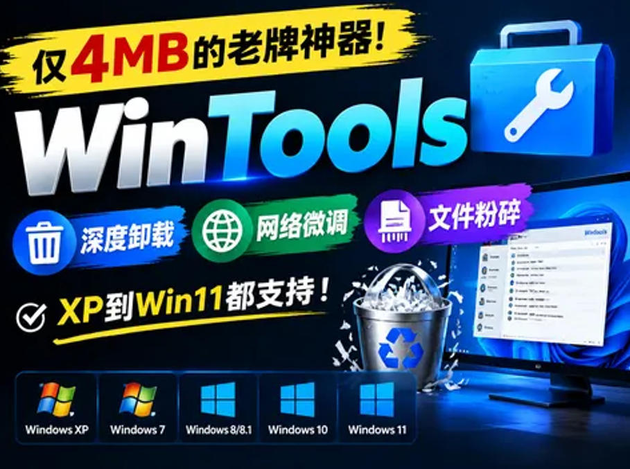 仅4MB的老牌神器！WinTools深度卸载+网络微调+文件粉碎，XP到Win11都支持！-邪修侠 - 演示