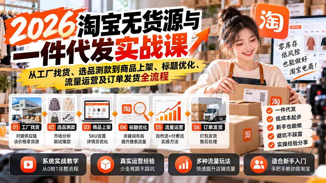 （20903期）2026淘宝无货源与一件代发实战课：从工厂找货、选品测款到商品上架、标题优化、流量运营及订单发货全流程-邪修侠
