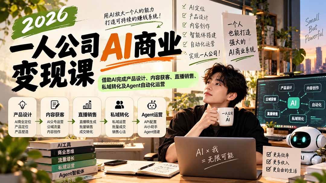 （20901期）2026一人公司AI商业变现课：借助AI完成产品设计、内容获客、直播销售、私域转化及Agent自动化运营-怪兽网创俱乐部