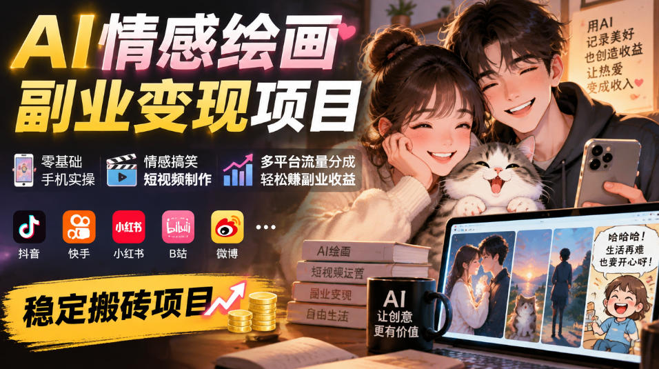 AI情感绘画副业变现项目|零基础手机实操,情感搞笑短视频制作,多平台流量分成轻松賺副业收益-邪修侠 - 演示