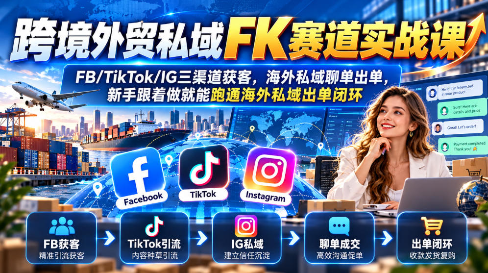 跨境外贸私域FK赛道实战课|FB/TikTok/IG三渠道获客,海外私域聊单出单,新手跟着做就能跑通海外私域出单闭环-副业资源网