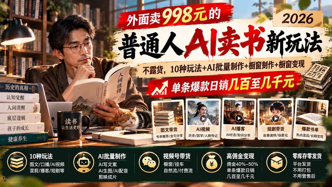 （20909期）外面卖998元的2026普通人AI卖书新玩法：不露脸、不囤货，10种玩法+AI批量制作+橱窗变现，单条爆款日销几百至几千元-奇点库