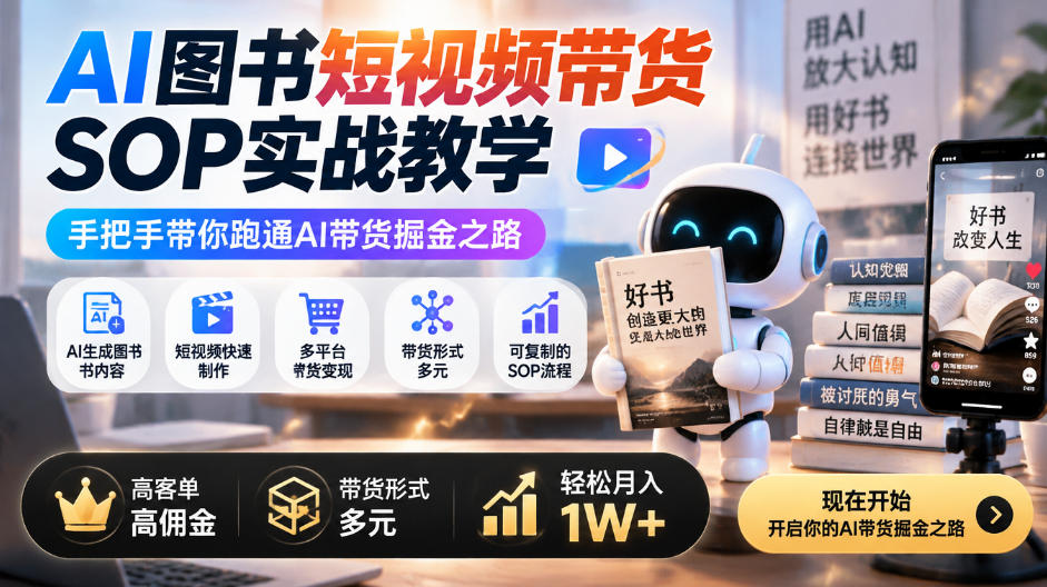 AI图书短视频带货SOP实战教学,手把手带你跑通AI带货掘金之路,高客单高佣金,带货形式多元,轻松月入1W+ AI图书短视频带货SOP实战教学,手把手带你跑通AI带货掘金之路,高客单高佣金,带货形式多元,轻松月入1W+