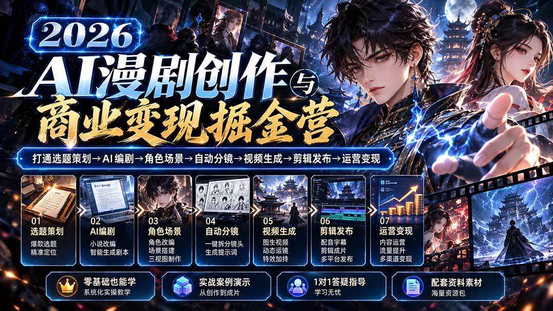 (20906期)【无水印】2026AI漫剧创作与商业变现掘金营:打通选题→AI编剧→角色场景→自动分镜→视频生成→剪辑发布→运营变现 (20906期)【无水印】2026AI漫剧创作与商业变现掘金营:打通选题→AI编剧→角色场景→自动分镜→视频生成→剪辑发布→运营变现
