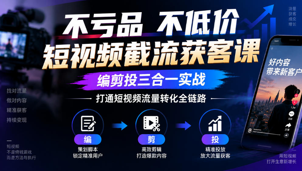 不亏品不低价短视频截流获客课，编剪投三合一实战，打通短视频流量转化全链路-邪修侠