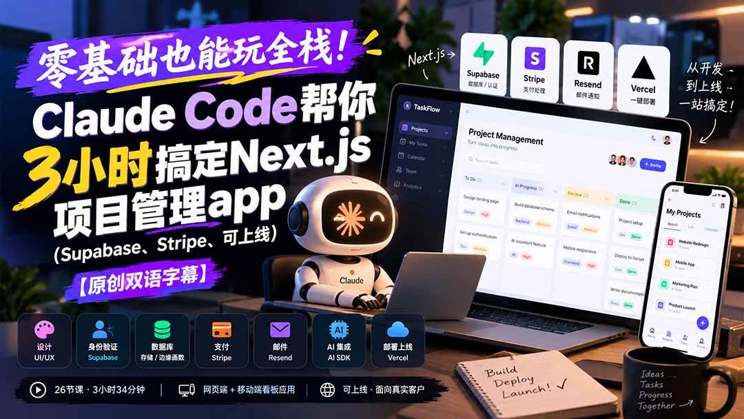 （20907期）零基础也能玩全栈！Claude Code帮你3小时搞定Next.js项目管理app（Supabase、Stripe、可上线）【原创双语字幕】-怪兽网创俱乐部