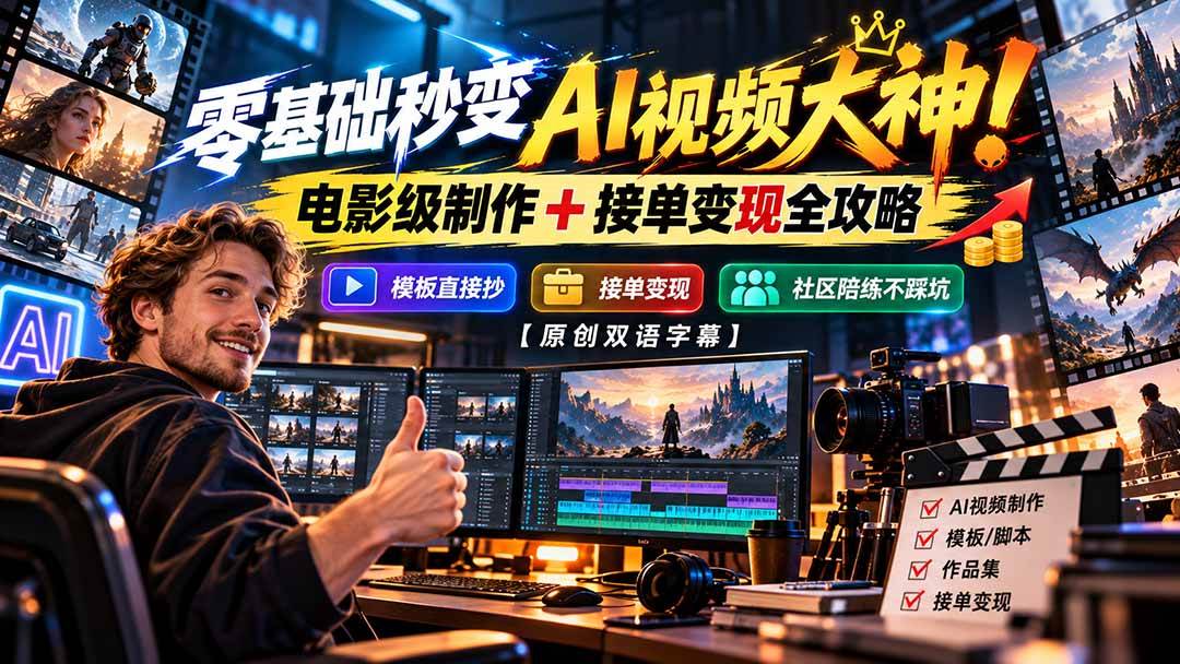 （20897期）零基础秒变AI视频大神！电影级制作 + 接单变现全攻略，模板直接抄，社区陪练不踩坑【原创双语字幕】-怪兽网创俱乐部