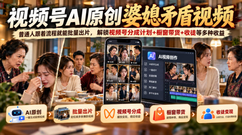 视频号ai原创婆媳矛盾视频，普通人跟着流程就能批量出片，解锁视频号分成计划+橱窗带货+收徒等多种收益-邪修侠 - 演示