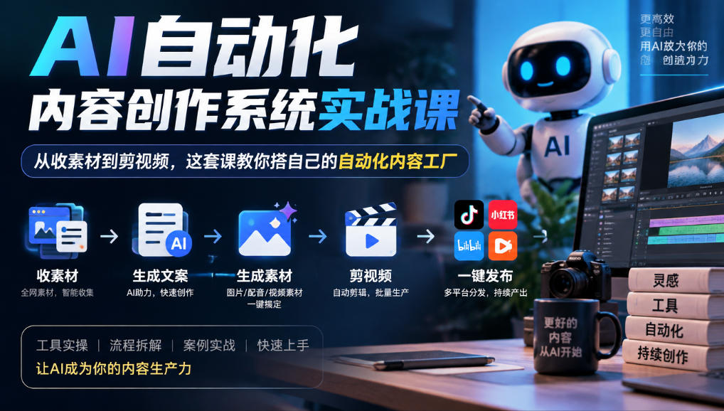 AI自动化内容创作系统实战课，从收素材到剪视频，这套课教你搭自己的自动化内容工厂-怪兽网创俱乐部
