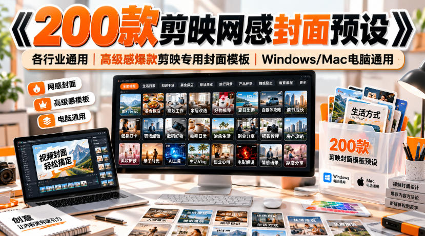 《200款剪映网感封面预设》各行业通用｜高级感爆款剪映专用封面模板｜Windows/Mac电脑通用-怪兽网创俱乐部