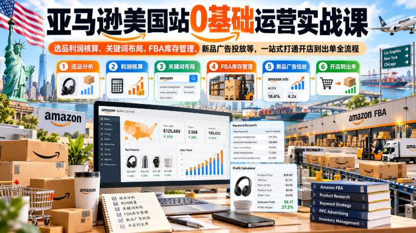 亚马逊美国站0基础运营实战课｜选品利润核算、关键词布局、FBA库存管理、新品广告投放等，一站式打通开店到出单全流程-怪兽网创俱乐部