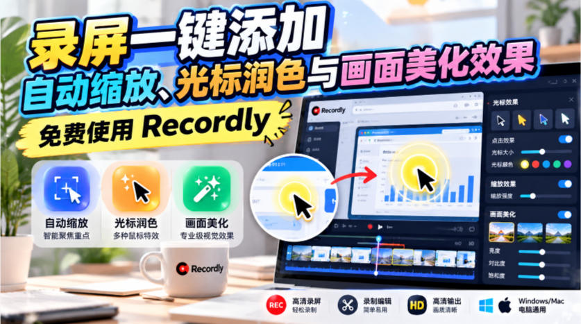 录屏一键添加自动缩放、光标润色与画面美化效果，免费使用Recordly-邪修侠 - 演示