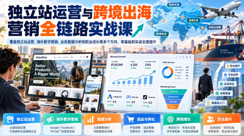 独立站运营与跨境出海营销全链路实战课，覆盖独立站运营、海外数字营销、业务数据分析和职业成长等多个方向，零基础到实战全面提升-邪修侠 - 演示