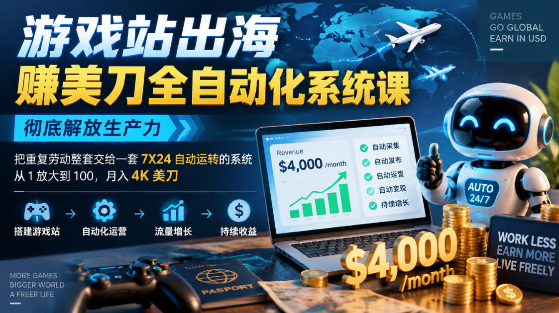 游戏站出海賺美刀全自动化系统课，彻底解放生产力–把重复劳动整套交给一套7X24自动运转的系统，从1放大到100，月入4K美刀-K6源码网
