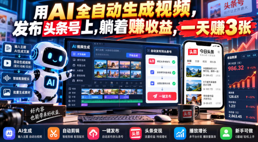 用AI全自动生成视频，发布头条号上，躺着賺收益，一天賺3张-邪修侠 - 演示