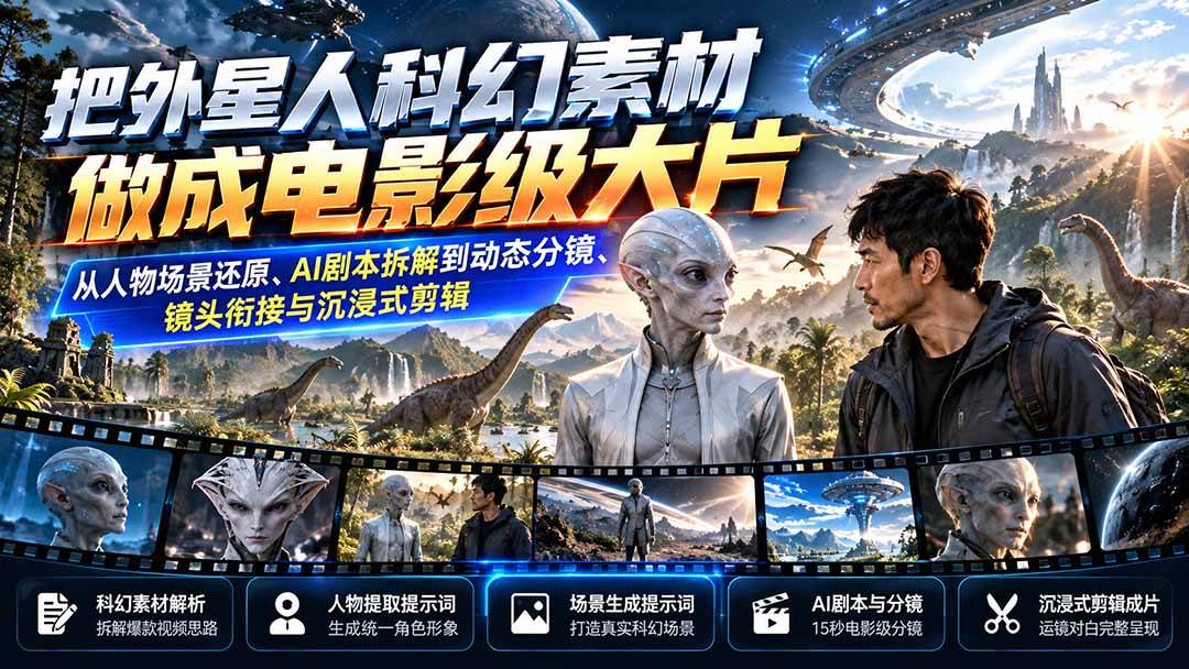 （20946期）把外星人科幻素材做成电影级大片：从人物场景还原、AI剧本拆解到动态分镜、镜头衔接与沉浸式剪辑-怪兽网创俱乐部