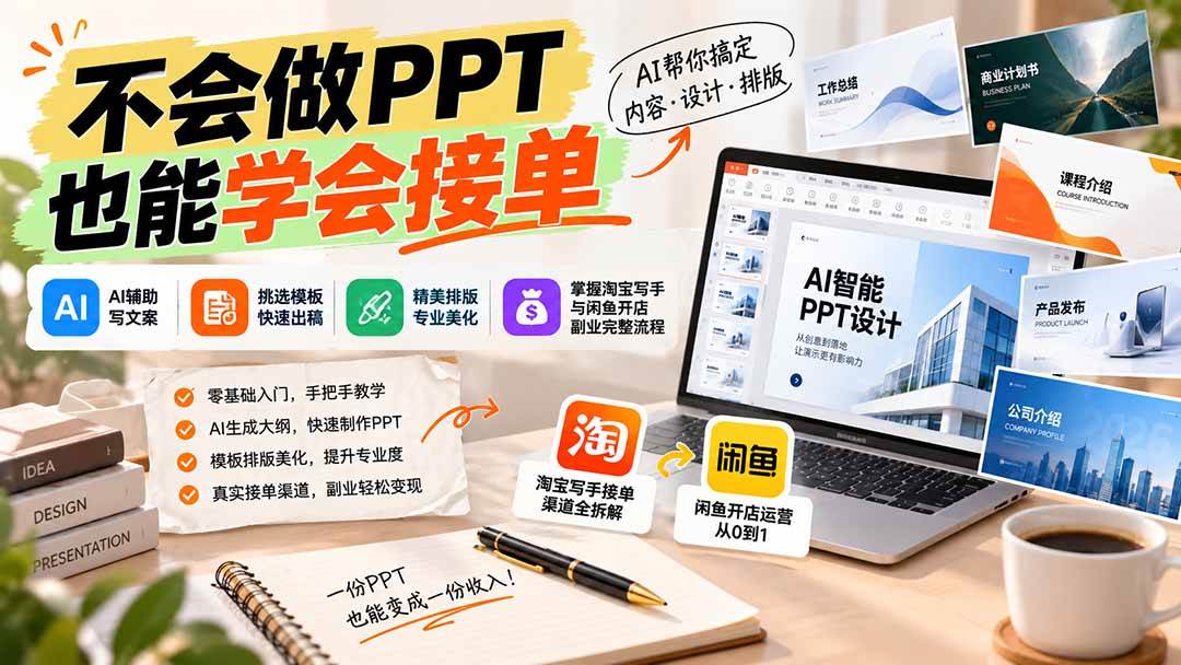 （20945期）不会做PPT也能学会接单：AI辅助写文案、挑模板、做排版，掌握淘宝写手与闲鱼开店副业完整流程-怪兽网创俱乐部