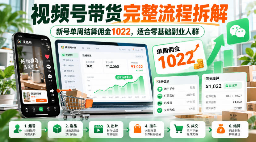 视频号带货完整流程拆解，新号单周结算佣金1022，适合零基础副业人群-邪修侠 - 演示