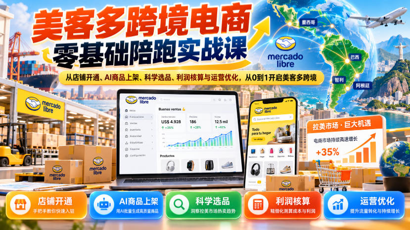 美客多跨境电商零基础陪跑实战课：从店铺开通、AI商品上架、科学选品、利润核算与运营优化，从0到1开启美客多跨境-邪修侠 - 演示