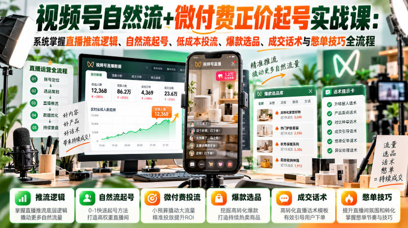 视频号自然流+微付费正价起号实战课：系统掌握直播推流逻辑、自然流起号、低成本投流、爆款选品、成交话术与憋单技巧全流程-邪修侠 - 演示